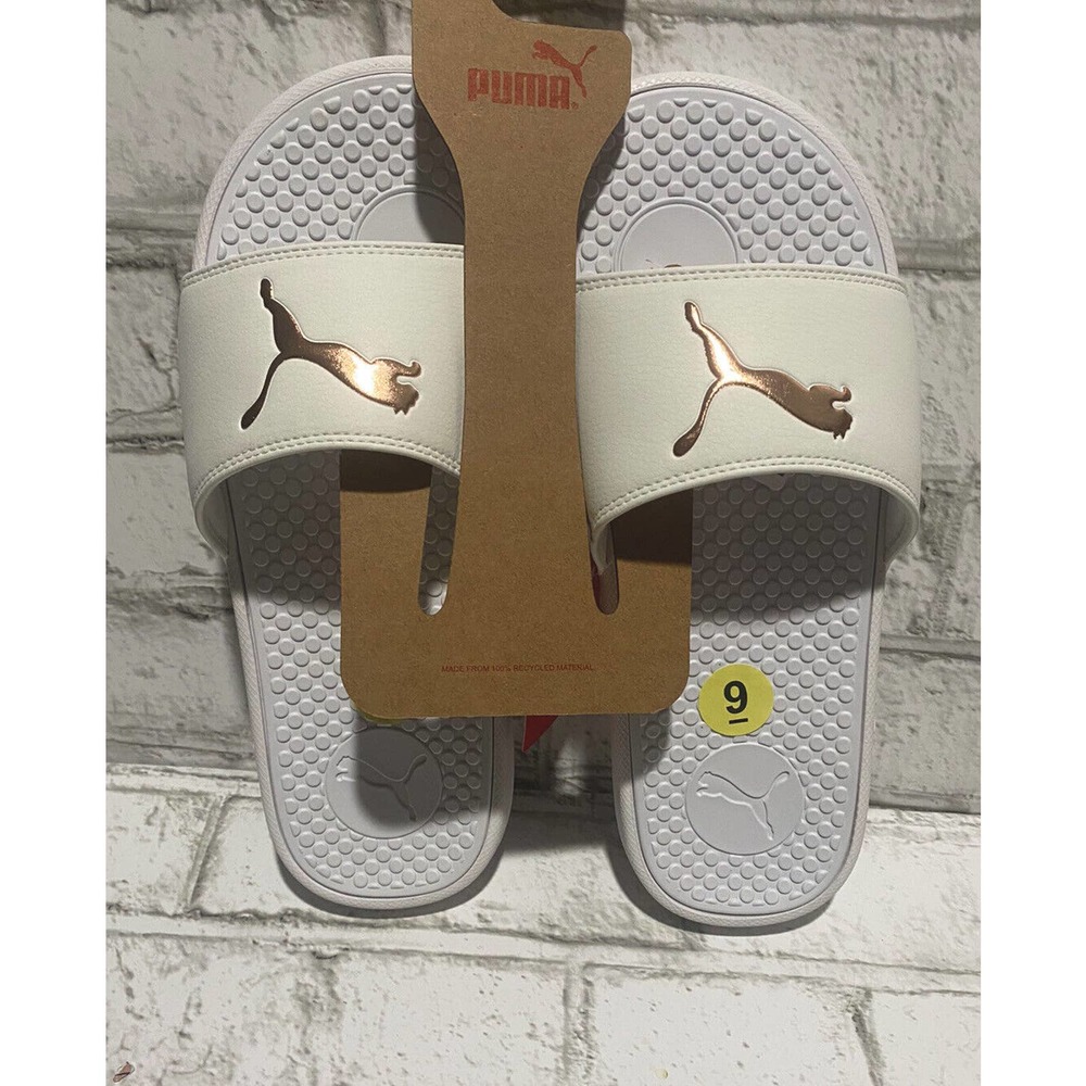 NWT PUMA Cool Cat Size 9 White with Copper Cat Logo Women Slide Sandals
